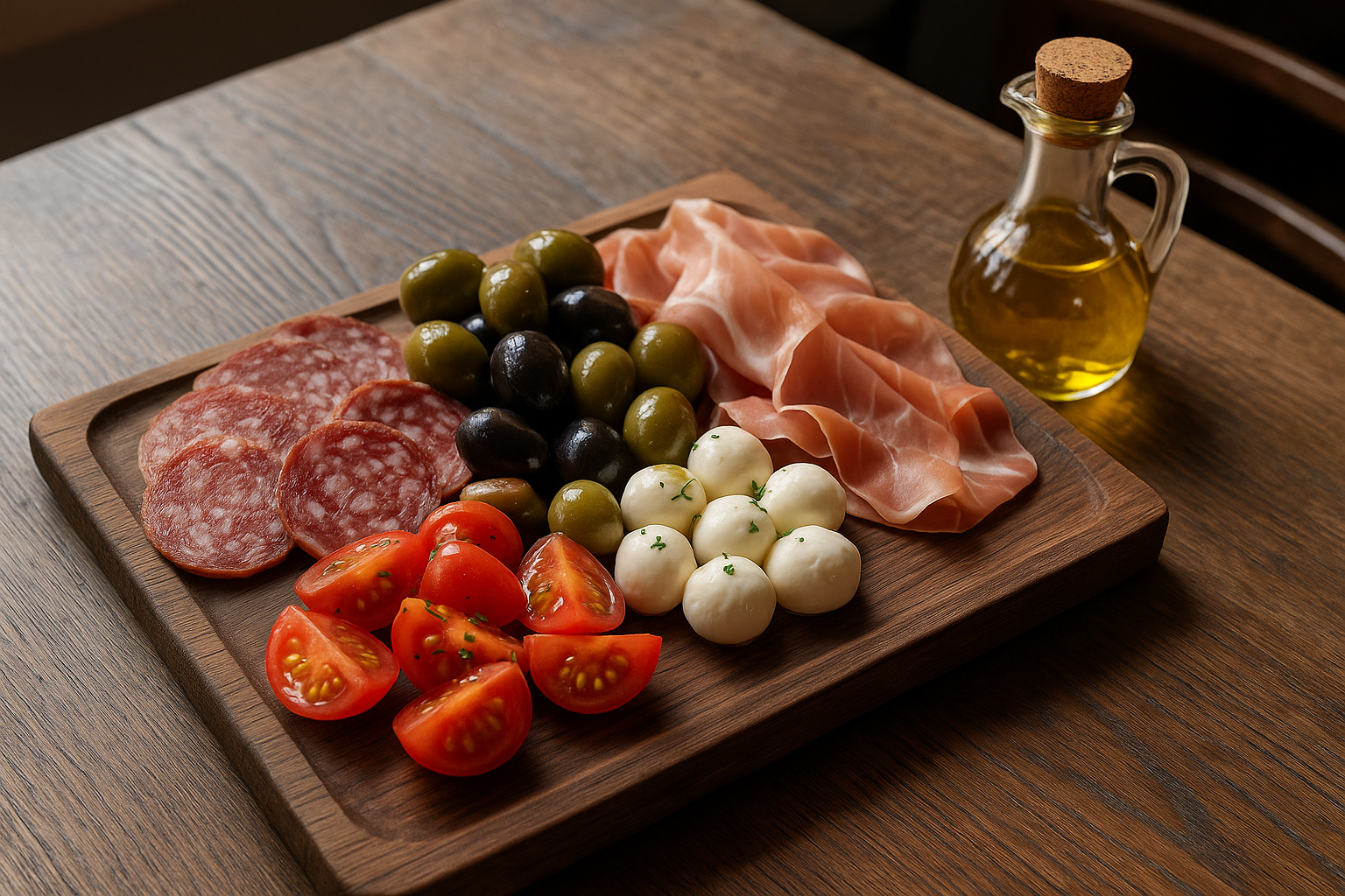 Italienische Antipasti-Platte mit Salami, Parmaschinken, Oliven, Tomaten und Mozzarella