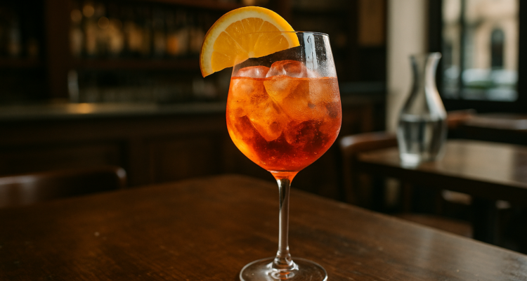 Aperitivo Spritz im Glas auf Holztisch in italienischer Bar