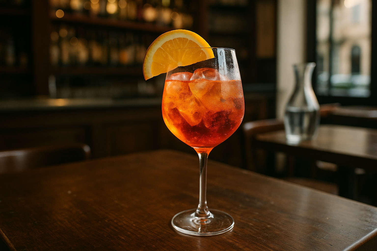 Aperitivo Spritz im Glas auf Holztisch in italienischer Bar