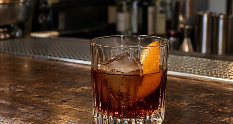 Glas mit dunklem Amaro, Eiswürfel und Orangenzeste auf einem Holztresen
